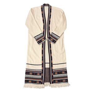 Naked Cashmere Women's XS Fringe Bottom Long Cardigan Sweater Beige Southwestern